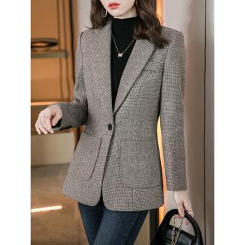 千鳥格毛呢西裝外套女春秋2025新款小個子高階感加厚呢子西服春季