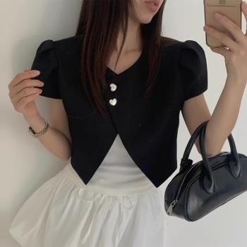 韓國chic夏季氣質小香風別致愛心紐扣寬松百搭短款泡泡袖小外套女