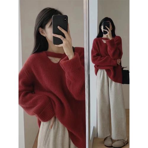 慵懶名媛風山羊絨衫女V領寬松軟糯加厚毛衣中長款針織衫秋冬新款