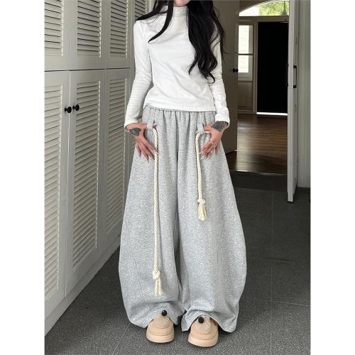 Sixminu小蚊子ins粗繩闊腿彎刀褲女寬松垂感長褲休閑衛褲情侶褲子