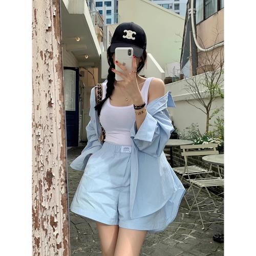 韓國chic夏季甜美減齡寬松百搭系帶長袖襯衫+高腰闊腿褲短褲套裝