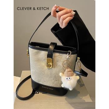 (免運)Clever&Ketch小眾復古手提水桶包包女2025新款時尚百搭單肩斜挎包