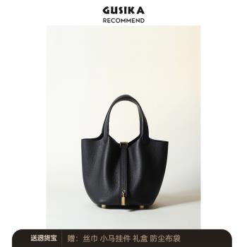 (免運)【古斯卡】高定版 手工蠟線TC頭層牛皮水桶包女真皮手提菜籃子包