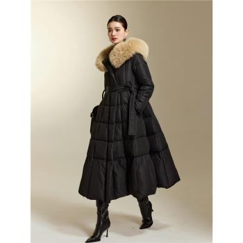 570g國標90白鴨絨+狐貍毛領黑色連帽長款羽絨服女冬高級感 三觀