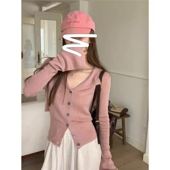 粉色後背鏤空綁帶針織開衫女早秋季修身短款辣妹氣質翻領長袖上衣
