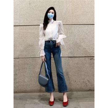 復古藍喇叭褲2025年新款微喇褲子女高腰顯瘦九分牛仔褲夏季薄款