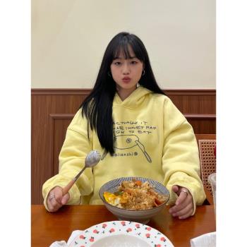 100%純棉美式復古蛋黃色連帽衛衣女2025新款爆款寬松慵懶chic外套