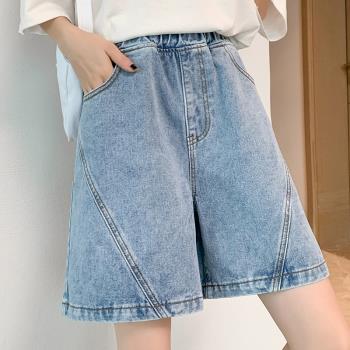 加大碼寬松牛仔短褲女夏季新款胖mm高腰顯瘦松緊腰闊腿a字短褲潮
