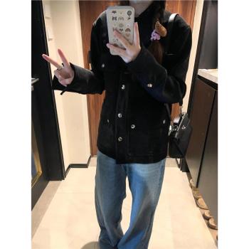發財宅女同款黑色小香風絲絨外套女春秋款小個子寬松翻領夾克女裝