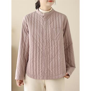 輕薄條紋羽絨棉服女2024冬百搭寬松休閑立領絎線夾棉保暖棉衣外套