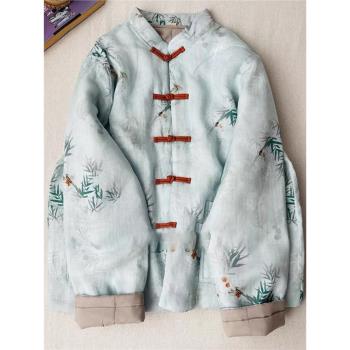 復古盤扣夾棉棉麻棉服女2024冬中式國風禪意盤扣加厚保暖棉衣外套