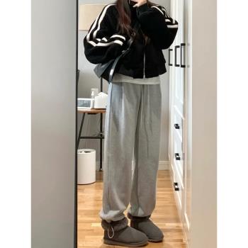 灰色束腳運動褲春秋胖mm寬松bf慵懶風褲子女大碼系帶闊腿休閑衛褲