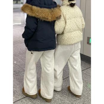 杏色休閑衛褲春秋胖mm遮肉顯瘦褲子女大碼寬松bf慵懶風束腳運動褲