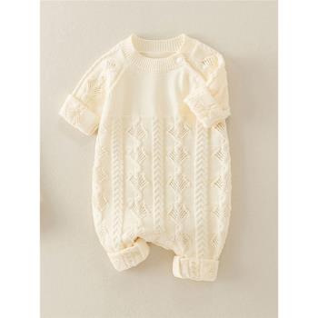 新生兒秋冬連體衣寶寶純色針織哈衣外出服嬰幼兒秋季休閑毛衣套裝