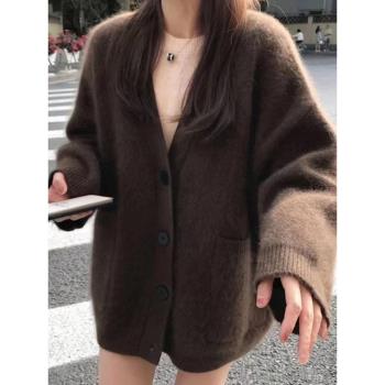 慵懶風山羊絨開衫女V領中長款寬松毛衣外套廓形加厚針織開衫秋冬