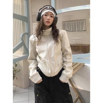 美式復古2024新款短外套女秋季寬松百搭皮衣設計感小眾機車皮夾克