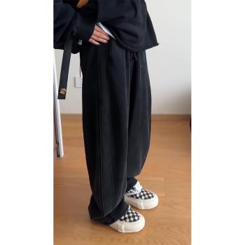 新款褲子女秋冬香蕉彎刀褲寬松bf慵懶風休閑運動大碼黑色闊腿衛褲