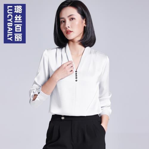 白色長袖時尚V領上衣雪紡襯衫