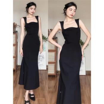 大碼胖妹妹黑色高階感垂感吊帶裙子女2025春夏新款收腰顯瘦連衣裙