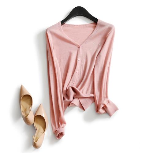 無縫一體成衣 新奧可機洗羊毛 基礎款純色V領針織單排扣長袖開衫