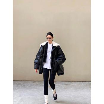 黑色90白鴨絨美式復古羊羔毛連帽免洗pu皮短款羽絨服女外套冬季潮