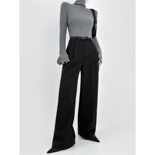 DOUBLE Z 黑色老錢風毛呢闊腿褲女秋冬高腰直筒休閑通勤西裝褲