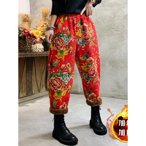 東北大花棉褲加絨褲子女冬季H媽媽大碼寬松松緊夾棉保暖哈倫褲女