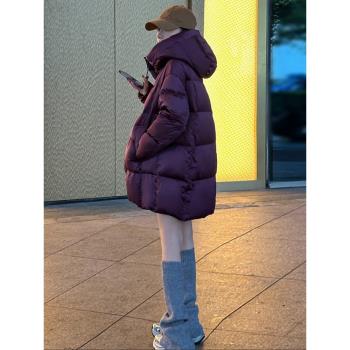 2025冬季新款時尚寬松中長款棉服女裝休閑保暖連帽紫色麵包服外套