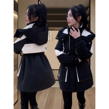 撞色沖鋒衣羽絨棉服女中長款2025冬季新款加厚連帽收腰外套派克服