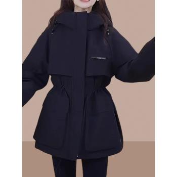 中長款羽絨棉服女2025年冬季新款連帽收腰時尚百搭工裝厚外套棉襖