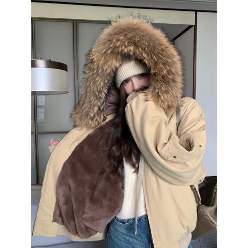 小個子卡其色工裝連帽派克服女2024冬季新款加絨加厚大毛領短外套