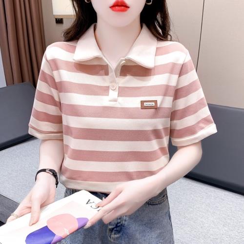 時尚減齡條紋polo衫T恤女短袖純棉百搭休閑顯瘦正肩洋氣體恤上衣