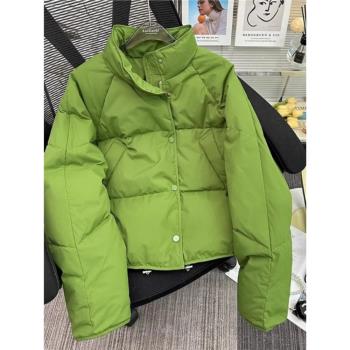 大碼女冬季2025高階感綠色羽絨棉服外套胖mm加厚短款棉衣襖麵包服