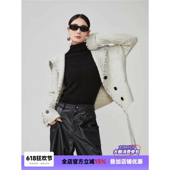 灰色飄帶大翻領毛衣開衫女2025春季新款韓系慵懶風針織外套