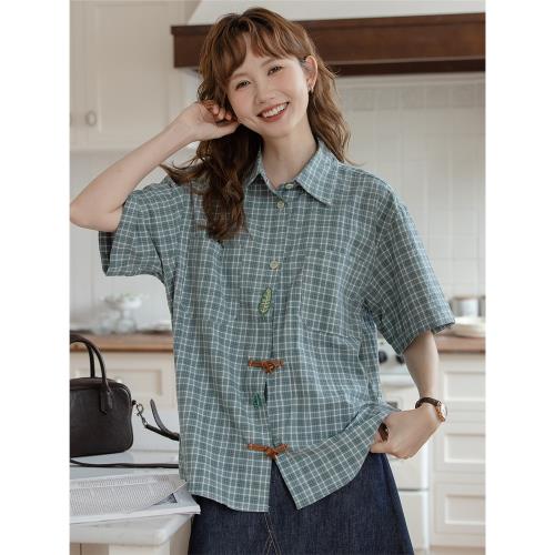 韓系復古百搭拼色格子短袖襯衫女夏季新款清新刺繡牛角扣氣質上衣