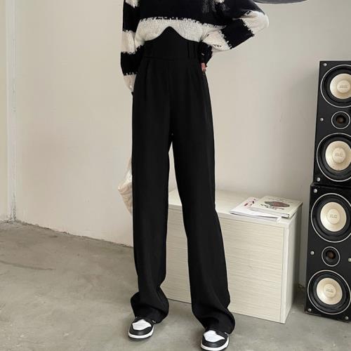 大碼胖mm魚骨休閑西裝褲女早秋百搭高腰寬松顯瘦直筒拖地闊腿長褲