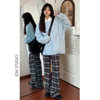 復古格子秋冬加絨高腰拖地休閑褲