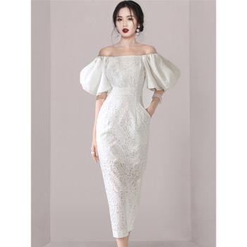 名媛白色一字領包臀禮服裙蕾絲