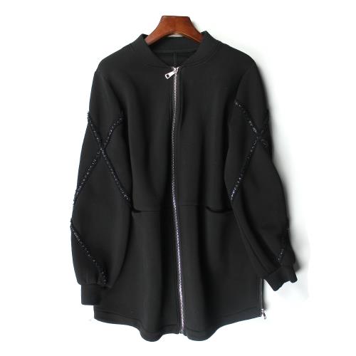 新款歐貨潮黑色個性拉鏈洋氣空氣棉中長款外套寬松棒球服上衣女秋