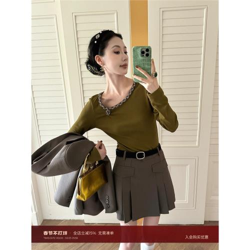 鷺青一原創【香跡】優可絲針織T恤女春精致小香織帶百搭圓領上衣