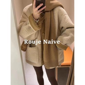 ROUJE NAIVE2024新款短款加絨加厚小香風羊羔毛絨保暖外套女秋冬