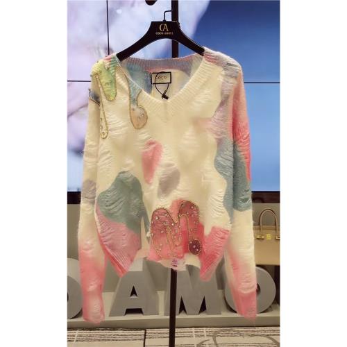 抖音供貨歐貨別致獨特上衣高級設計感小眾毛衣彩虹色v領針織衫女