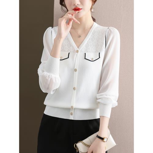 白色雪紡衫拼接針織上衣女早春2025新款減齡漂亮洋氣打底小衫春秋