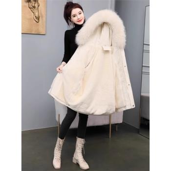 加絨保暖派克棉服女冬季大碼胖mm顯瘦休閑時尚棉衣米白色棉襖外套