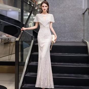 2023新款魚尾晚禮服裙女宴會氣質主持人高階感輕奢小眾高階香檳色