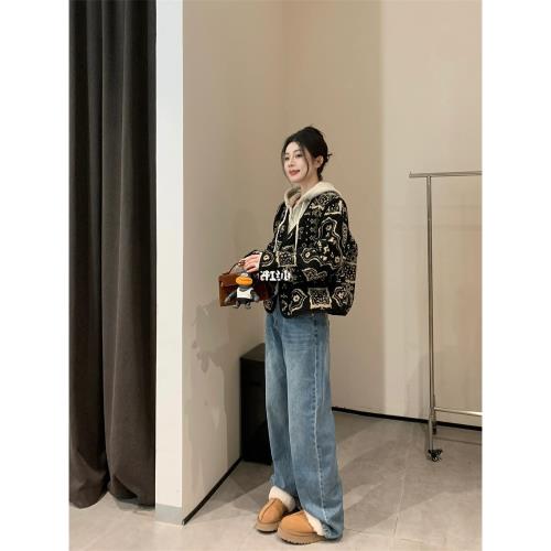 小香風羊羔毛開衫外套女2024春季印花高級感超好看短款洋氣上衣