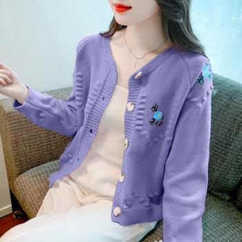 休閑長袖針織開衫外套女洋氣減齡花朵刺繡上衣小個子寬松短款毛衣