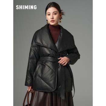 2024冬新款綿羊皮真皮羽絨服女中長款系帶收腰真皮皮衣鵝絨服外套