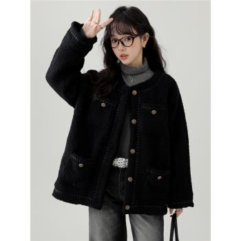 帛卡琪2024秋冬新款復古黑色毛絨加厚外套女設計感小香風氣質上衣