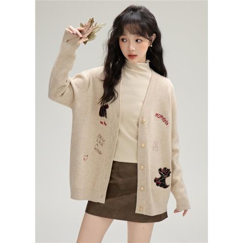 帛卡琪2025春秋新款v領卡通刺繡針織開衫女寬松毛衣外套慵懶上衣